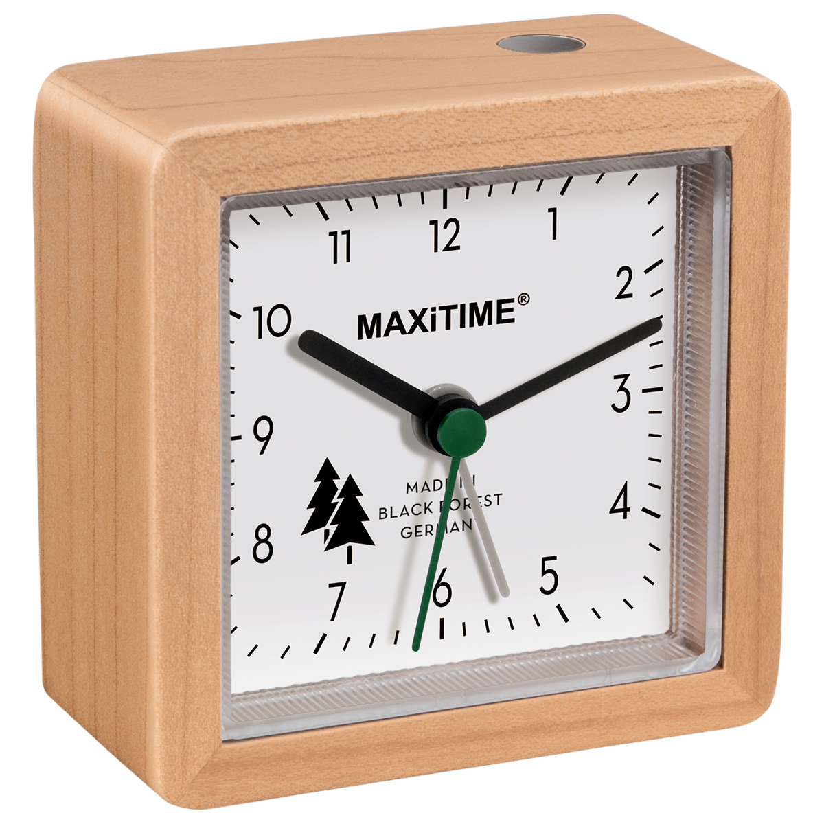 Maxitime quartz alarm clock with light and snooze button, housing maple, dial white, made in Black Forest, Germany