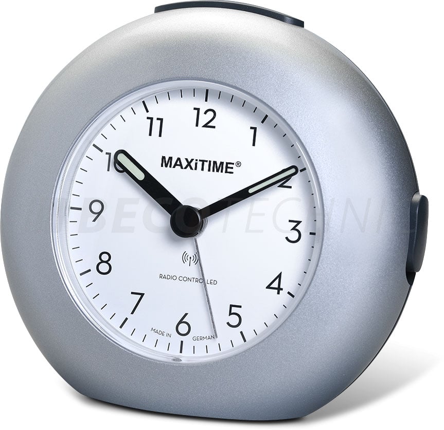 Maxitime radio controlled alarm clock with snooze, crescendo alarm, light, 2 hands, round silver housing