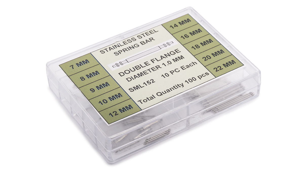 Assortment of 100 stainless steel spring bars with double flange, Ø 1 mm, 10 x length 7 / 8 / 9 / 10 / 12 / 14
/ 16 / 18 / 20 / 22 mm