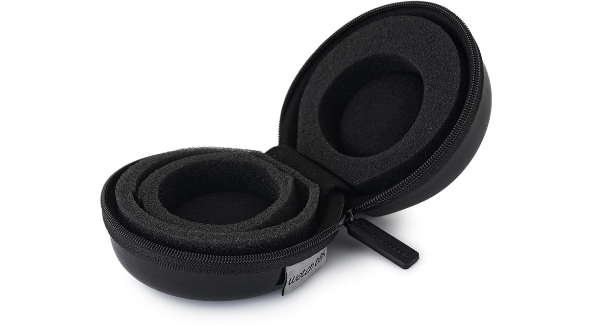 Watch Box Donut, kleines Uhrenetui, Hardcase, glänzendes Lederimitat, schwarz