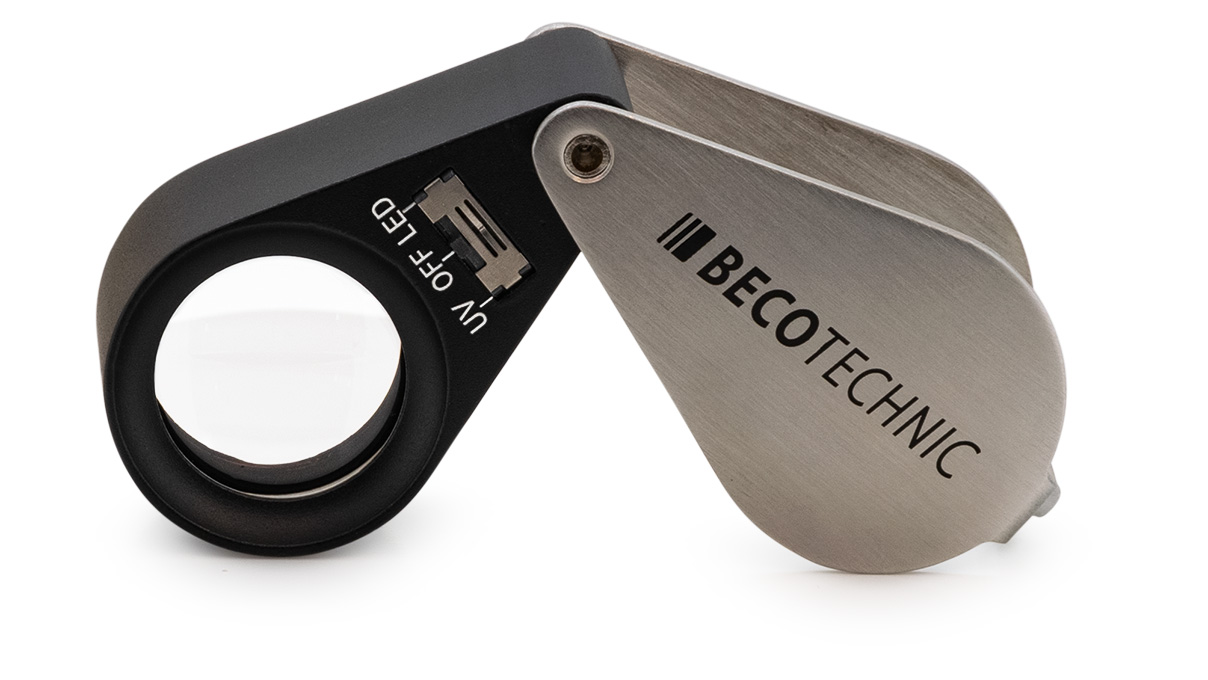 Triplet diamond loupe, 10x magnification, lens Ø 21 mm, with LED and UV light