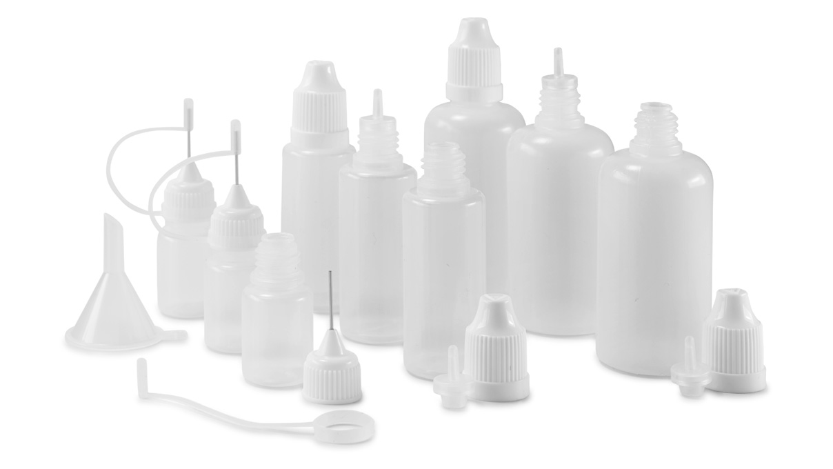 Set of 9 bottles, 5 - 50 ml, white, with caps, dosing aids and funnel