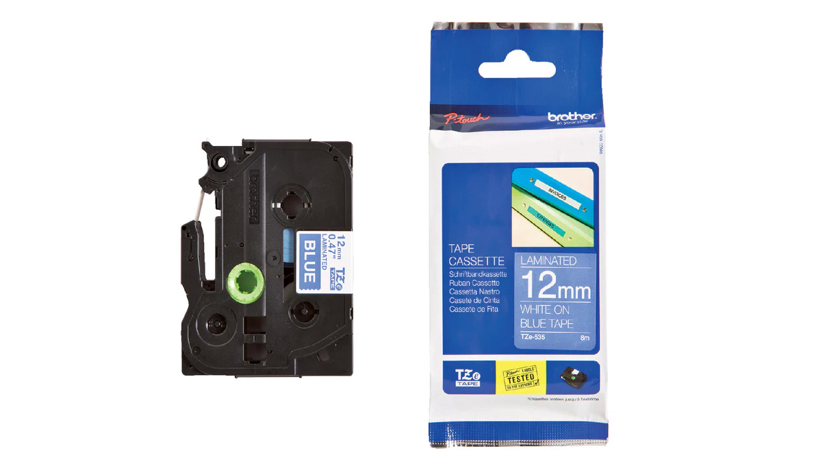 Schriftband für P-touch TZe-535, 12 mm, weiß auf blau