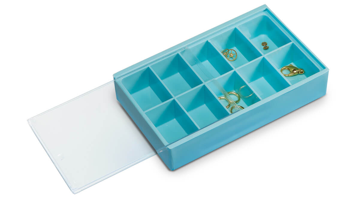Storage box with 10 compartments, each 22 x 30 x 19 mm, blue, with sliding lid