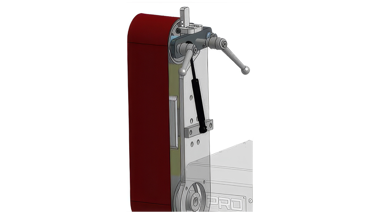 Belt grinding/satin-finishing unit for Micromecalp machines, steel belt support, incl. grinding holder 1000
x 100, gas spring tensioner, ceramic carrier plate, drive roller made of smooth rubber Ø 100 mm, 80 SH