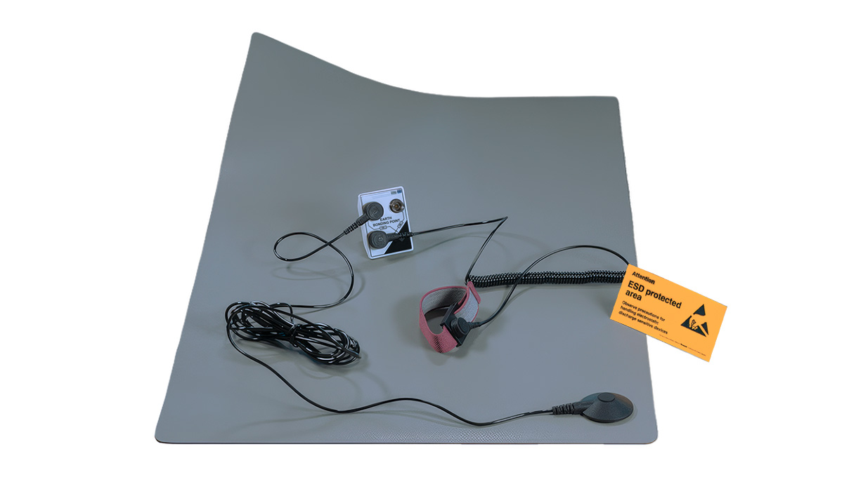 ESD-werkplekset, 400 × 600 mm, grijs, aardingssysteem met T12-netstekker