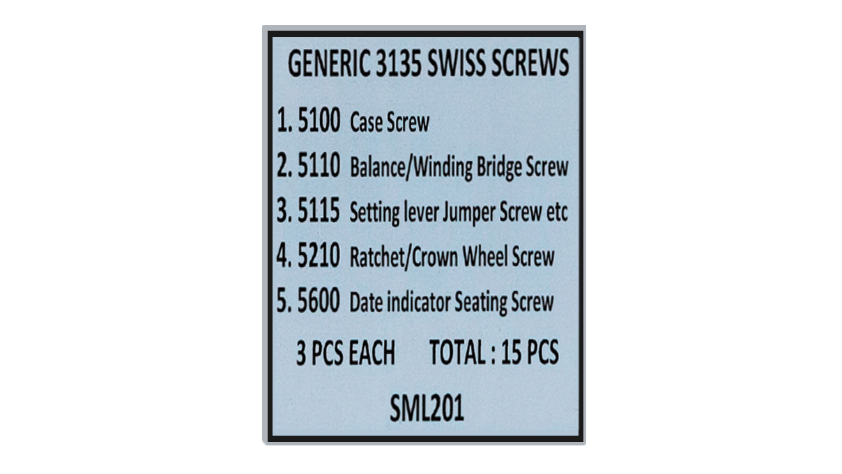 Assortment of movement screws, compatible with Caliber 3135, includes screw types 5100, 5110, 5115,
5210, and 5600, 3 of each