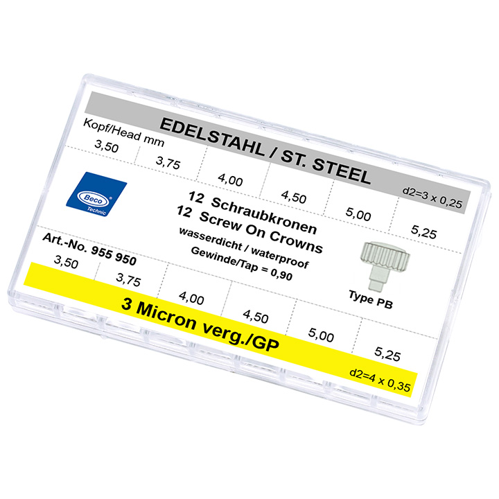 Sortiment à 12 Schraubkronen mit Tube und Dichtungen PB, je 6 Stück Edelstahl & 3 Micron gelb verg., Gewinde 0,90, 3,0 x 0,25, Ø 3,5-5,25 mm