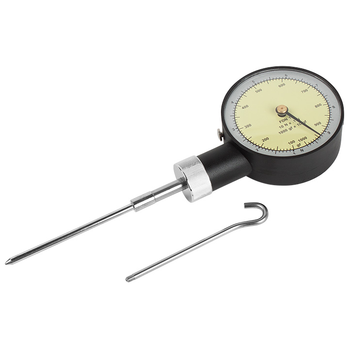 Dynamometer FDN 10, 10 N x 0,1 N, analog display, including traction hook and 2 end fittings