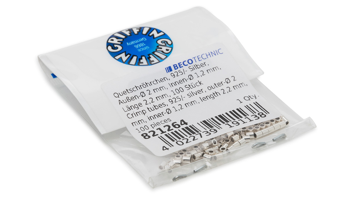 Crimp tubes, 925/- silver, outer-Ø 2 mm, inner-Ø 1,2 mm, length 2,2 mm, 100 pieces