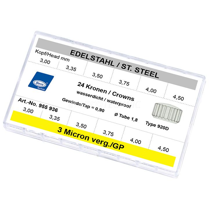Assortment 24 crowns 920 D, WP, st. steel and 3 µm YG, Ø 3 - 4,5 mm, tap 0,9 mm, tube 1,8 mm, short