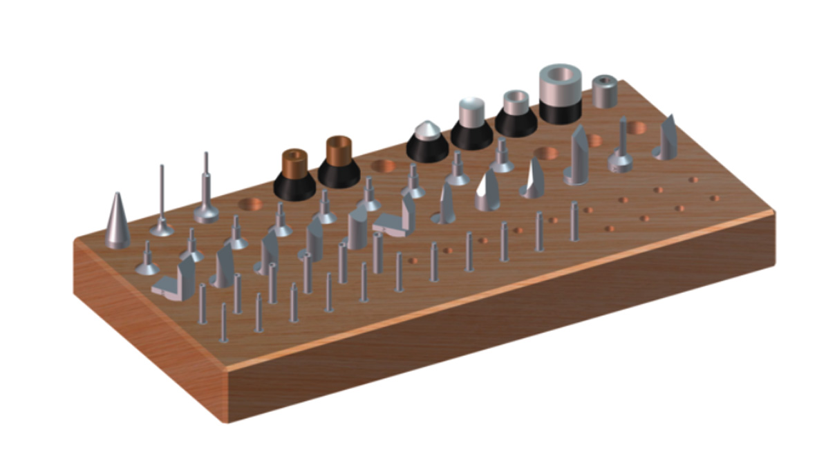 Horia AMF 2000-40 assortment of arbors and pushers, with wooden base