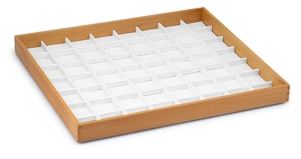 Presentation tray with 56 compartments, wood with imitation leather, ecru