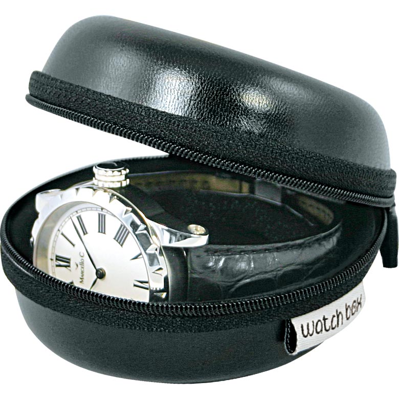 Watch Box Donut, kleines Uhrenetui, Hardcase, glänzendes Lederimitat, schwarz