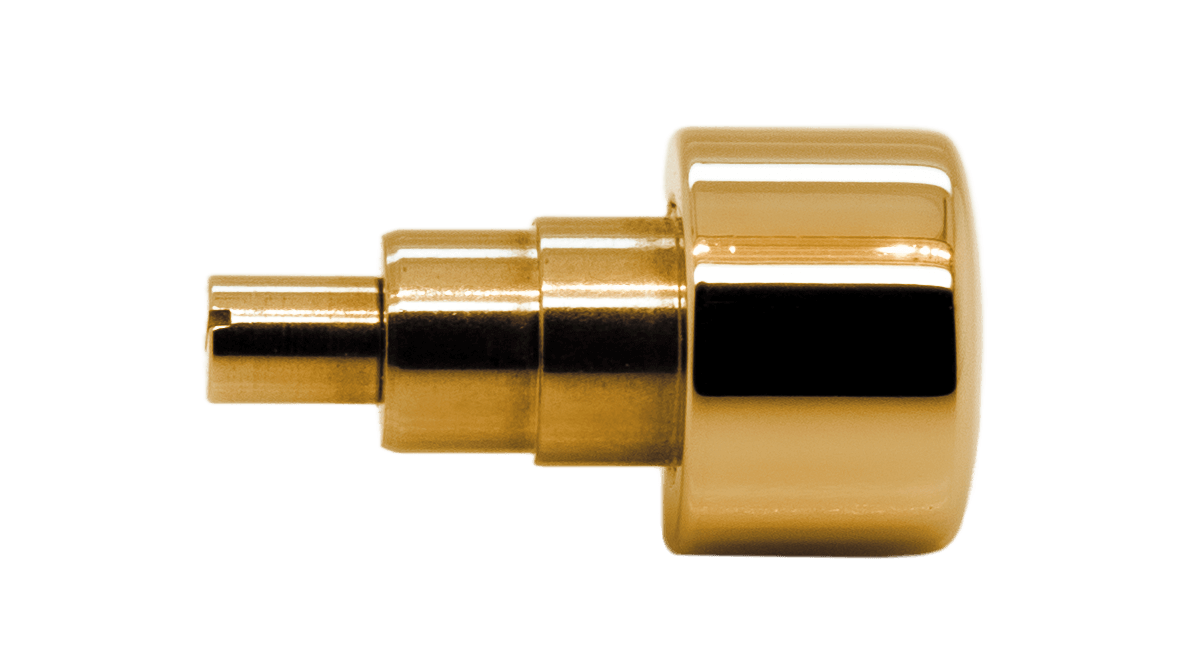 Watertight pusher for chronographs press fit, head Ø 5,0 mm, tube Ø 2,6 mm, spring travel 1,5 mm, 1 Micron gold plated