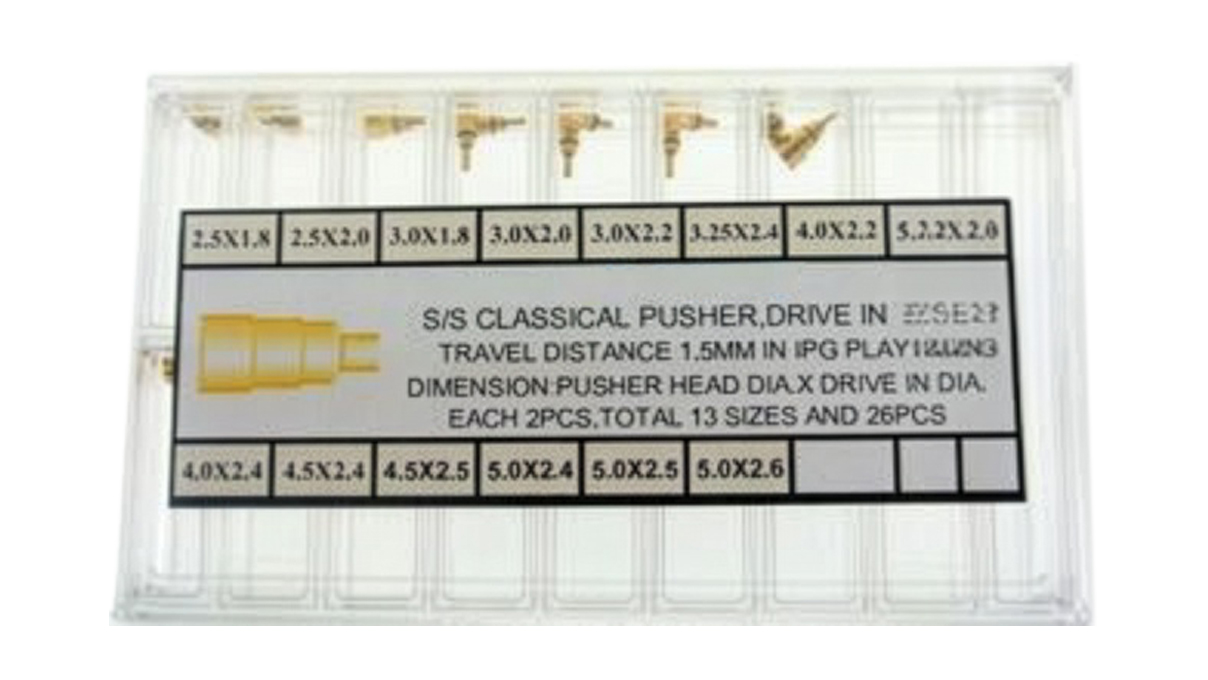 Assortment of 14 chronograph pushers, press-fit type, stainless steel gold-plated, 13 sizes, 2 of each (head
Ø 2,5 - 5 mm, tube Ø 1,8 - 2,6 mm)