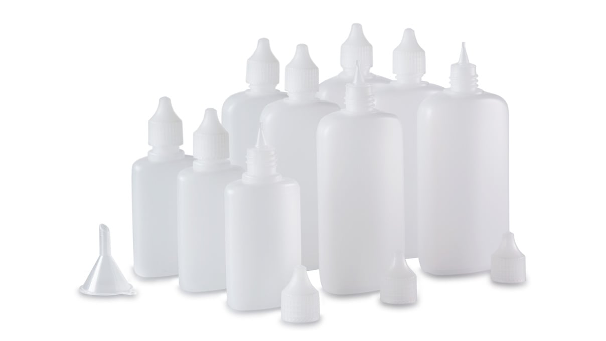 Set of 9 squeeze bottles, 50 - 150 ml, with caps, dosing aids and funnel