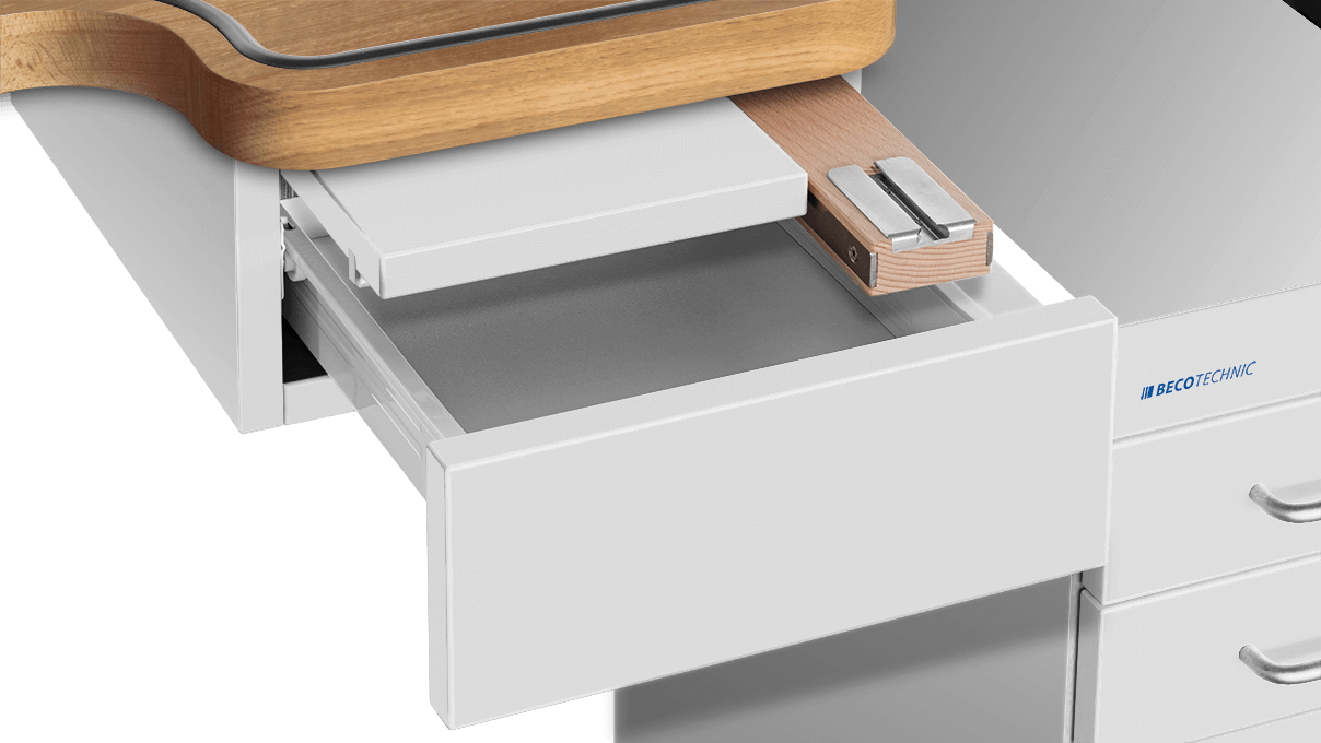 Central drawer with pull-out shelf board and insertion device with file wood and vise holder, silk gray, optional
equipment for Ergolift Evolution widths 120 cm and 140 cm
