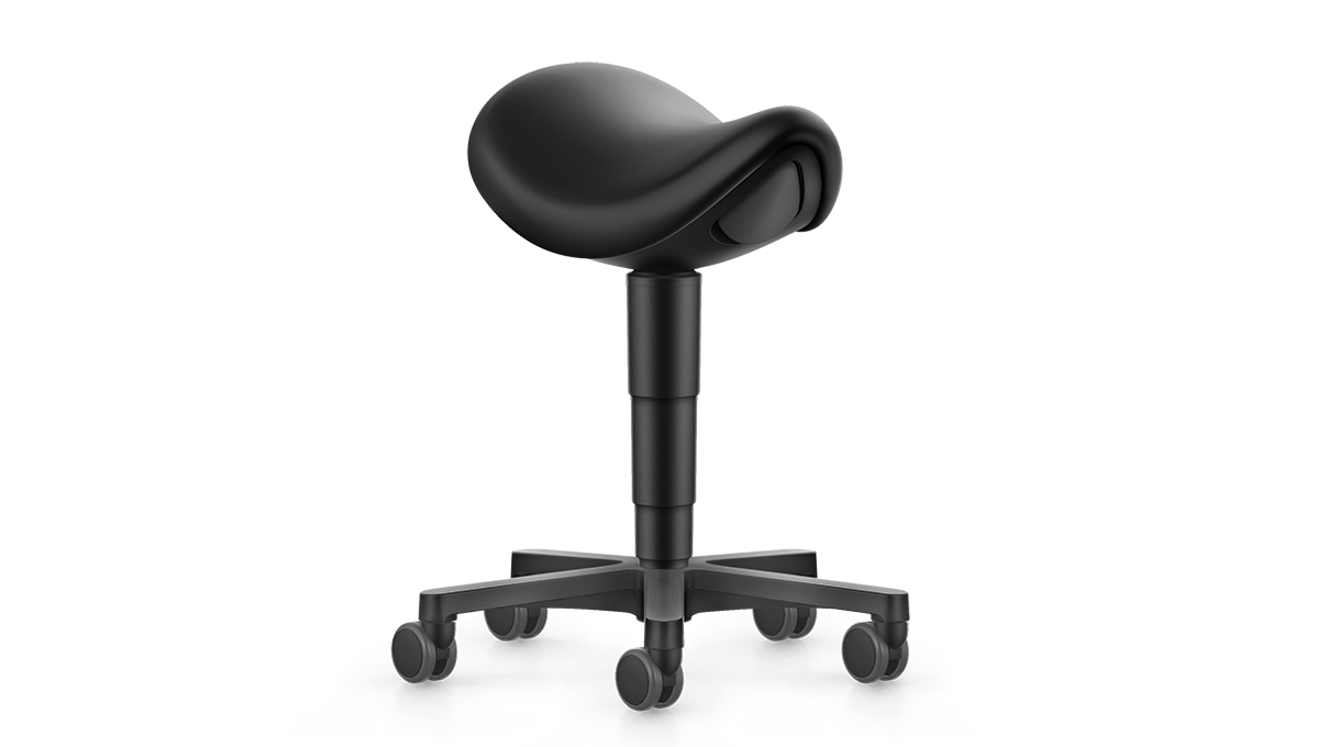 Bimos Reinraum ESD Sattelhocker, Sitzhöhe 54 - 80 cm, Ledernachbildung schwarz, Gestell Schwarz,
Fußkreuz Aluminium, 3D Sitzdynamik