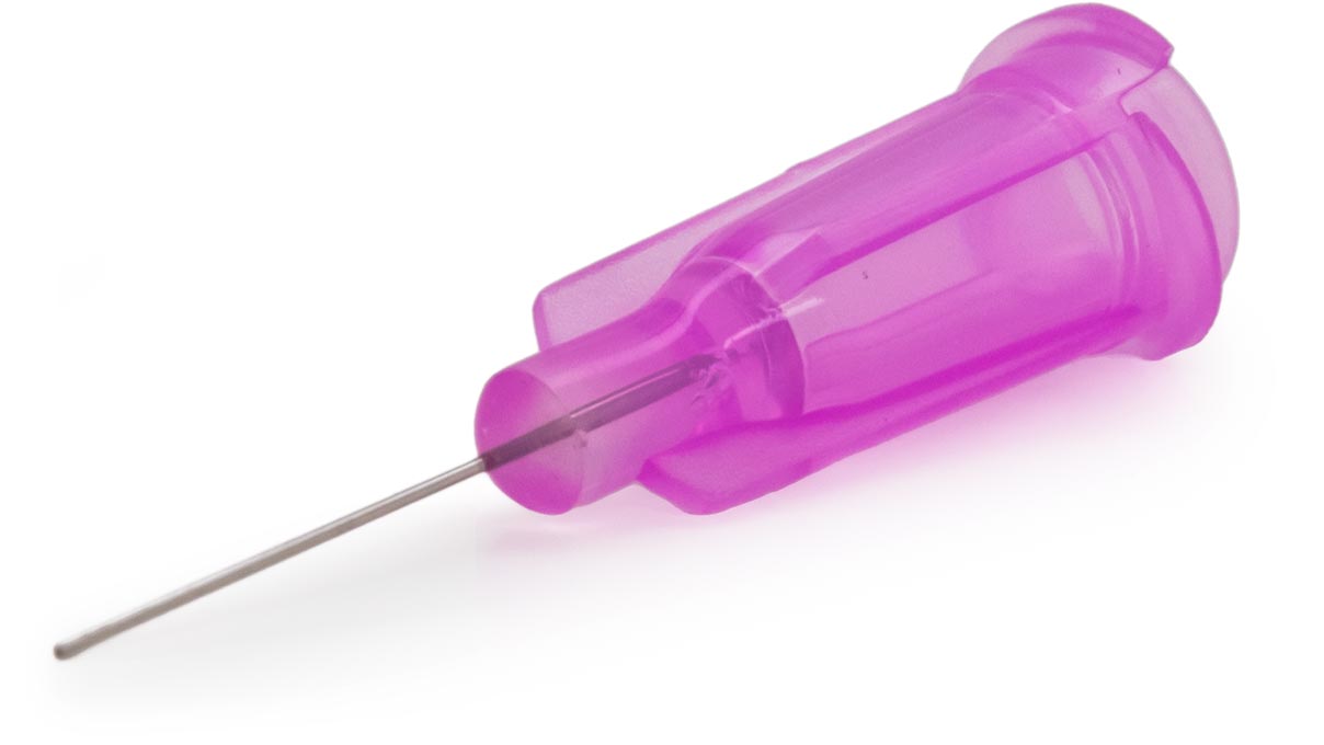 Dosing tip with metal needle, purple, Ø 0,15 x 12,7 mm