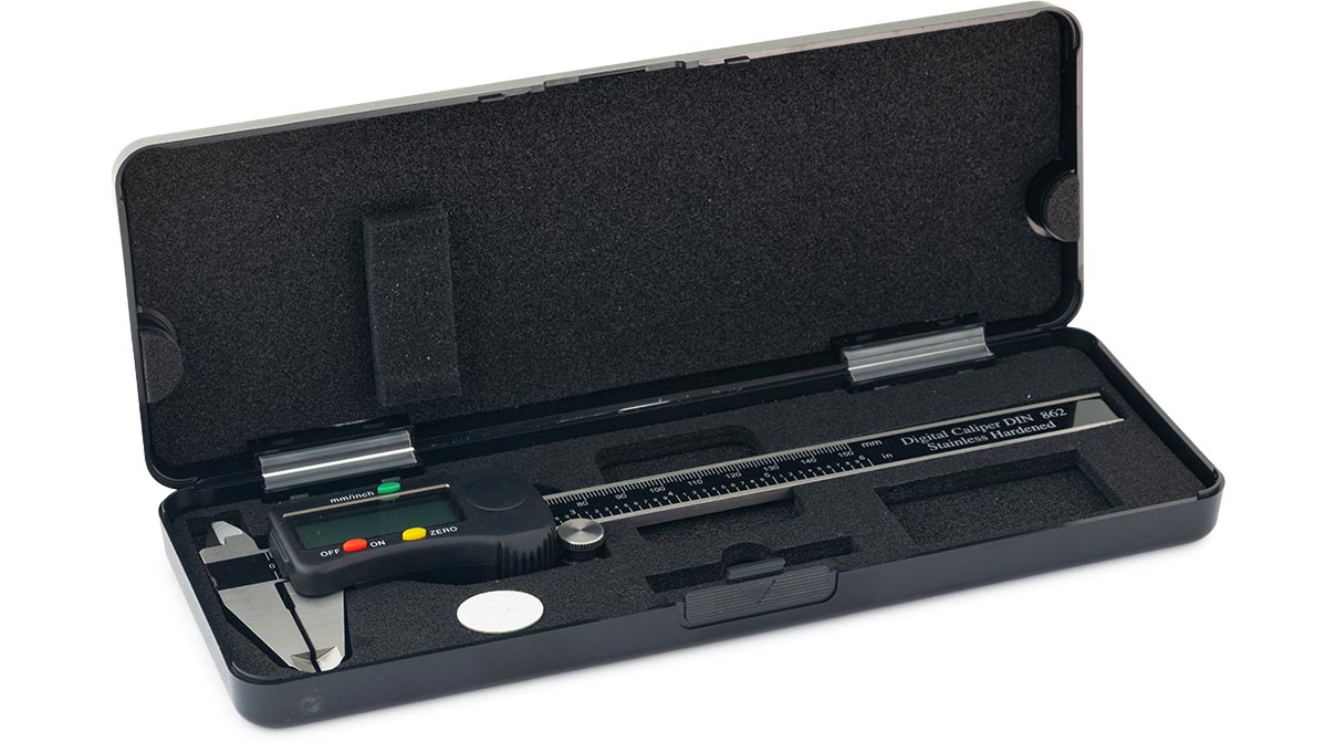 Schieblehre mit Feststellschraube, Edelstahl, Messbereich 150 mm, Digitalanzeige 0,01 mm