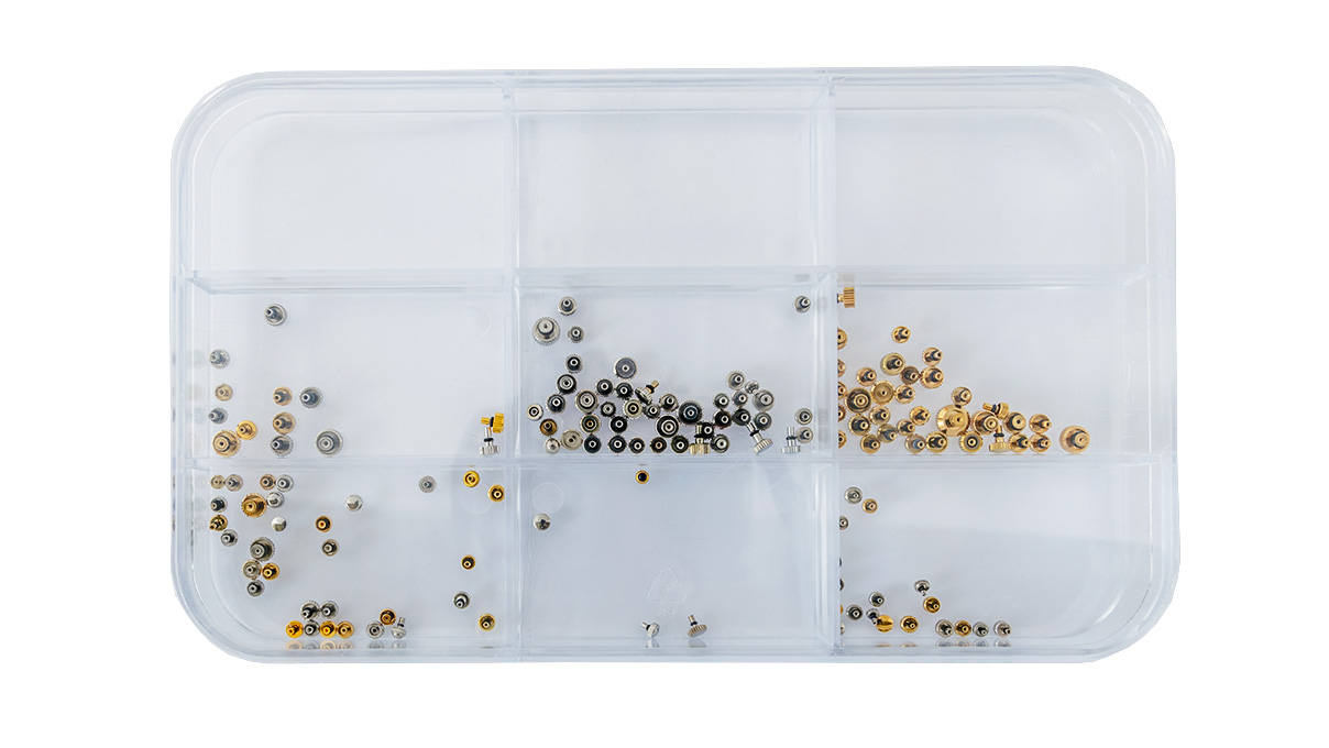 Assortiment horlogekronen, Japanse vorm, schroefdraad 0,6 – 1 mm, 140 stuks