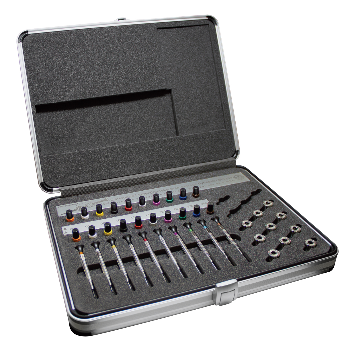 Bergeon 7965-Premium tool case made of aluminum with 10 screwdrivers, 10 tubes with replacement
blades in V-grinding (1 each) and 10 tubes with T-grinding (2 each) and 10 torque drums (Tork-Speed)