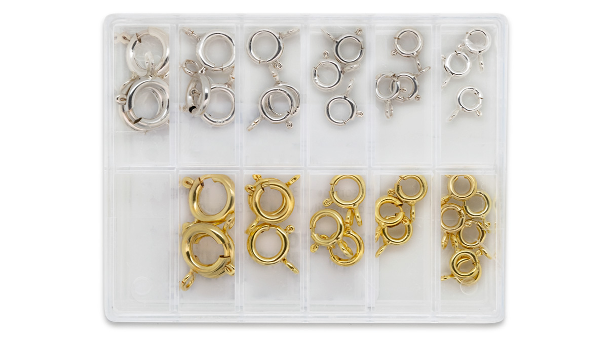 Assortment of spring rings without collar, Ø 5 - 10 mm, 925/- silver and doublé yellow