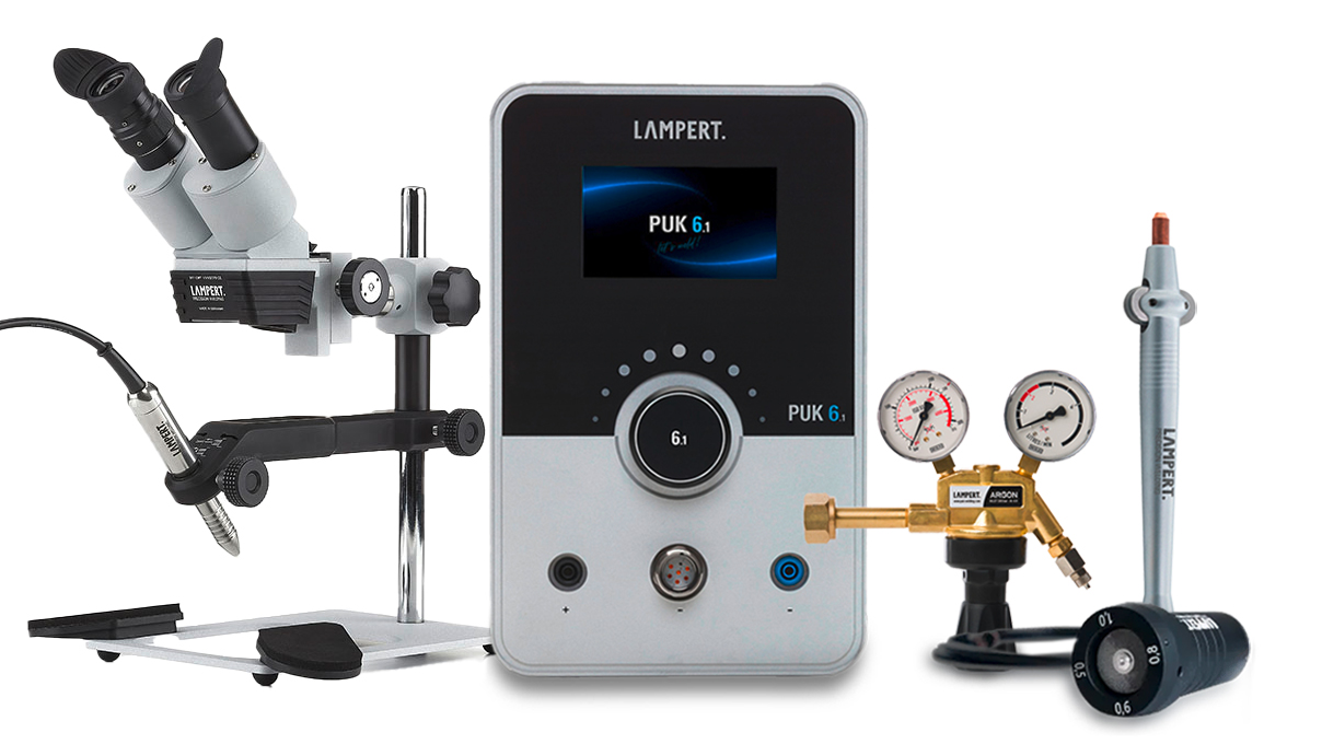 Complete set: Lampert spot welding device PUK 6,1 with microscope and handpiece, incl. electrode
grinding motor, gasoline connection set and wire pen