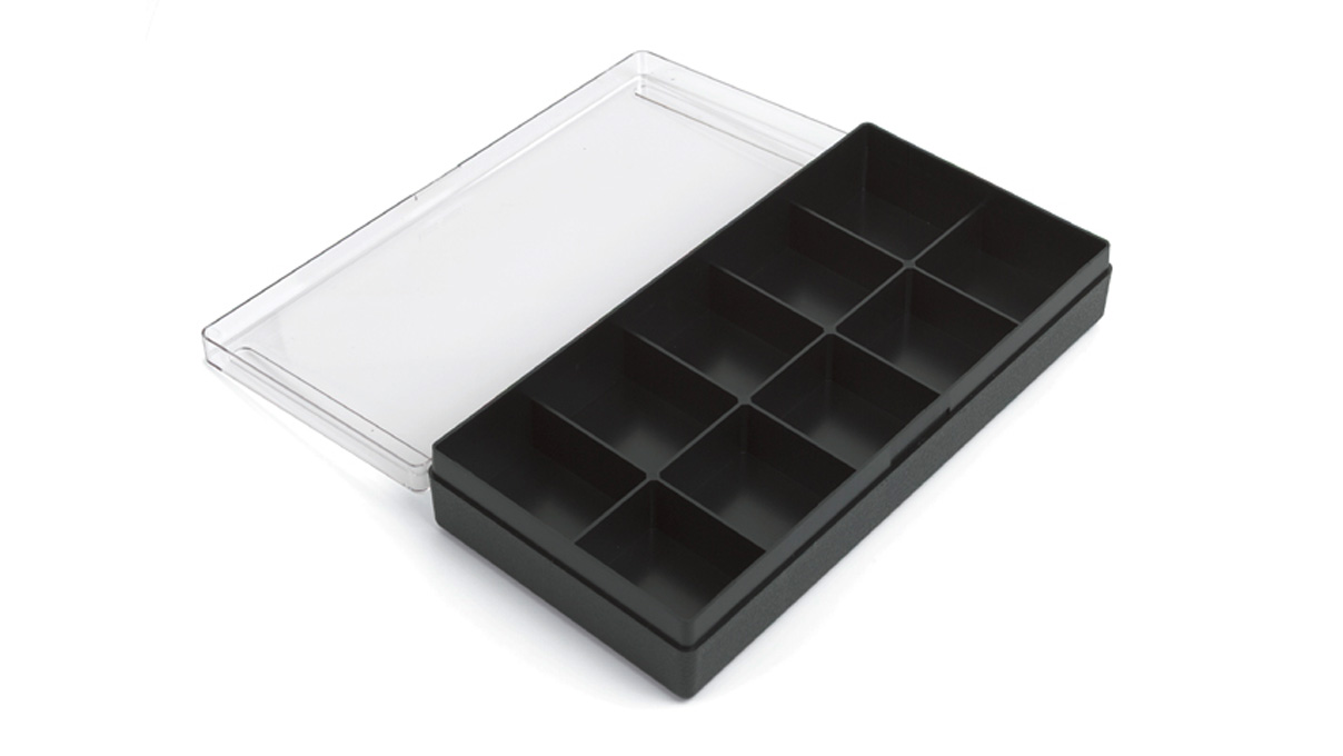 Sortimentsbox, 10 Fächer, schwarz mit transparentem Deckel, 290 x 140 x 32,5 mm