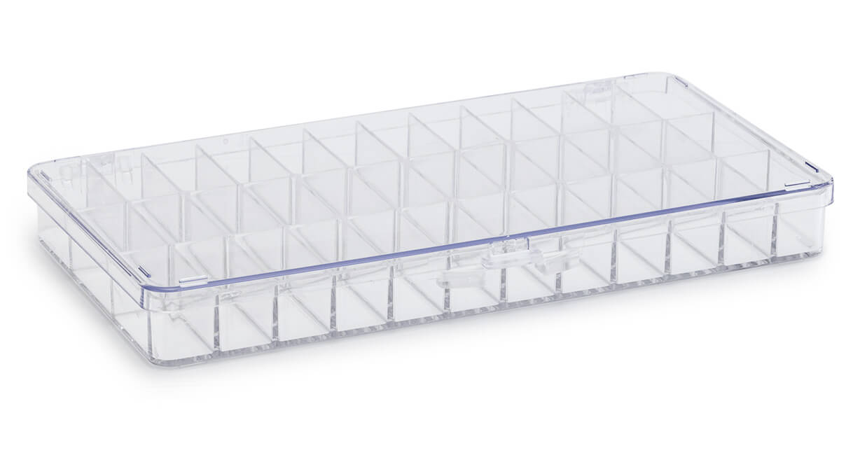 Storage box with 36 compartments, with hinged lid