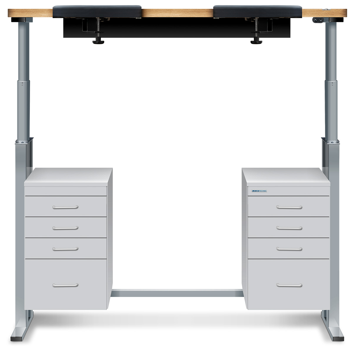 Workbench Ergolift Evolution, bench top oak, 140 x 60 x 4 cm, drawers silk gray