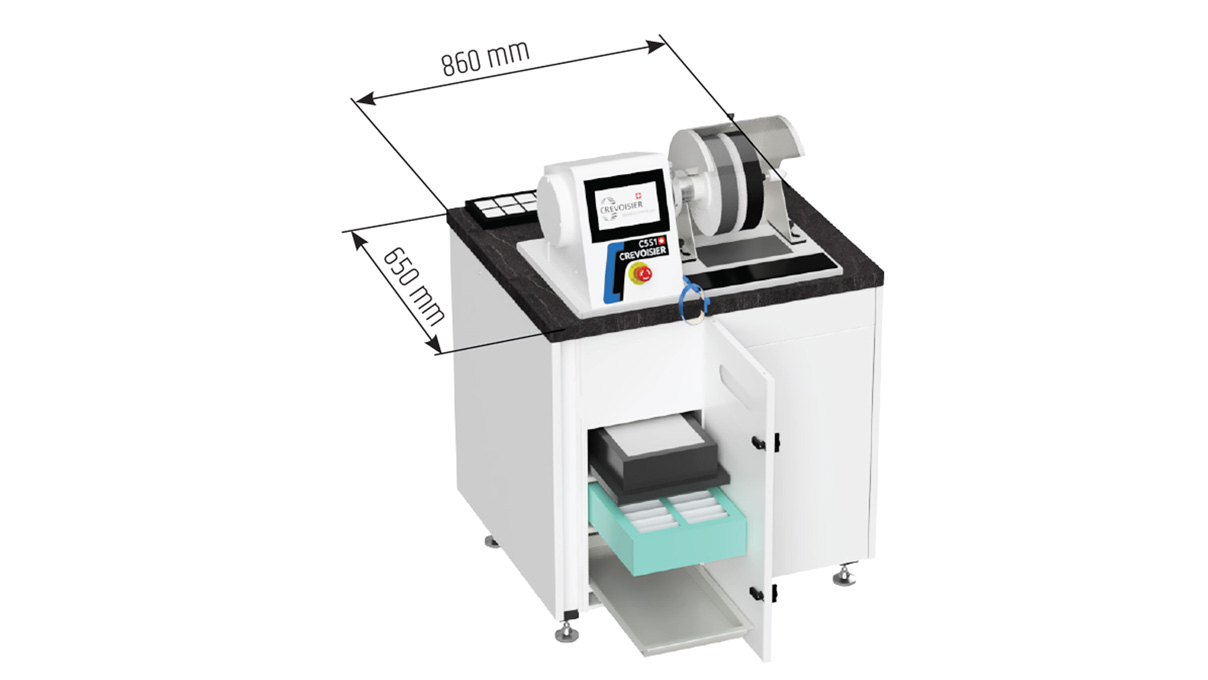 Crevoisier C551 (M12) auf Werktisch S-Line Compact ohne Tischumrandung, inkl. Absaugung, Tischplatte
schieferfarben, Netzteil unten (400 V)