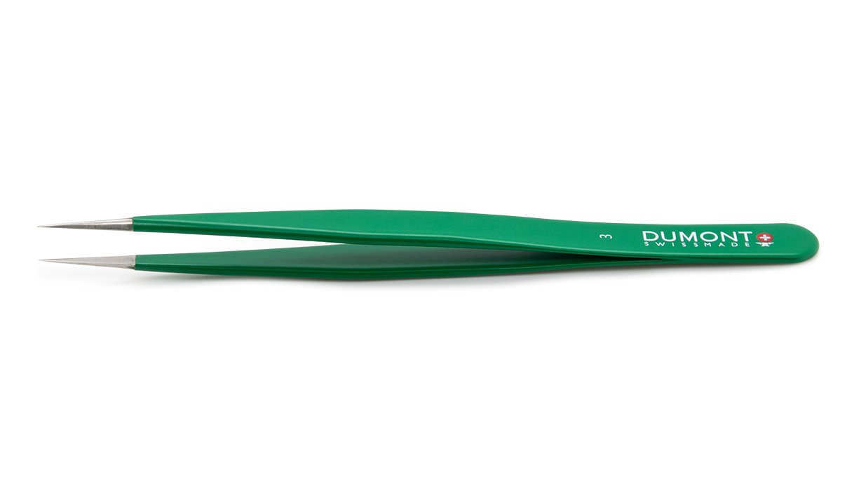 Dumont Pinzette Form 3, antimagnetisch, dünne Spitzen, grüne Epoxidbeschichttung