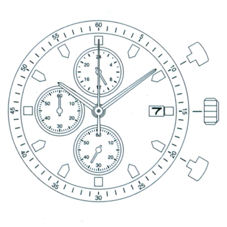 Mvt. Miyota FS13 High Hand 10 1/2''' DATE3 CHR 24H SS MIN Quartz (377 | SR626SW) - Slanted Push