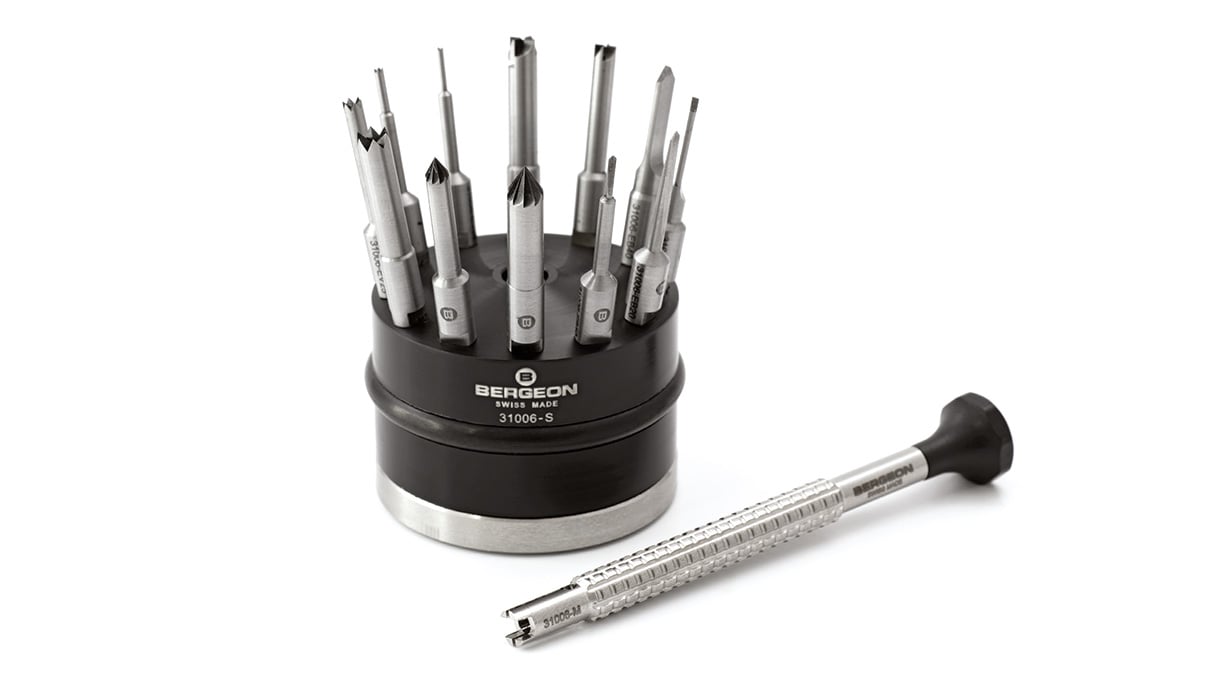 Bergeon 31006 Assortment of 12 cutters with cutter holder on rotating base