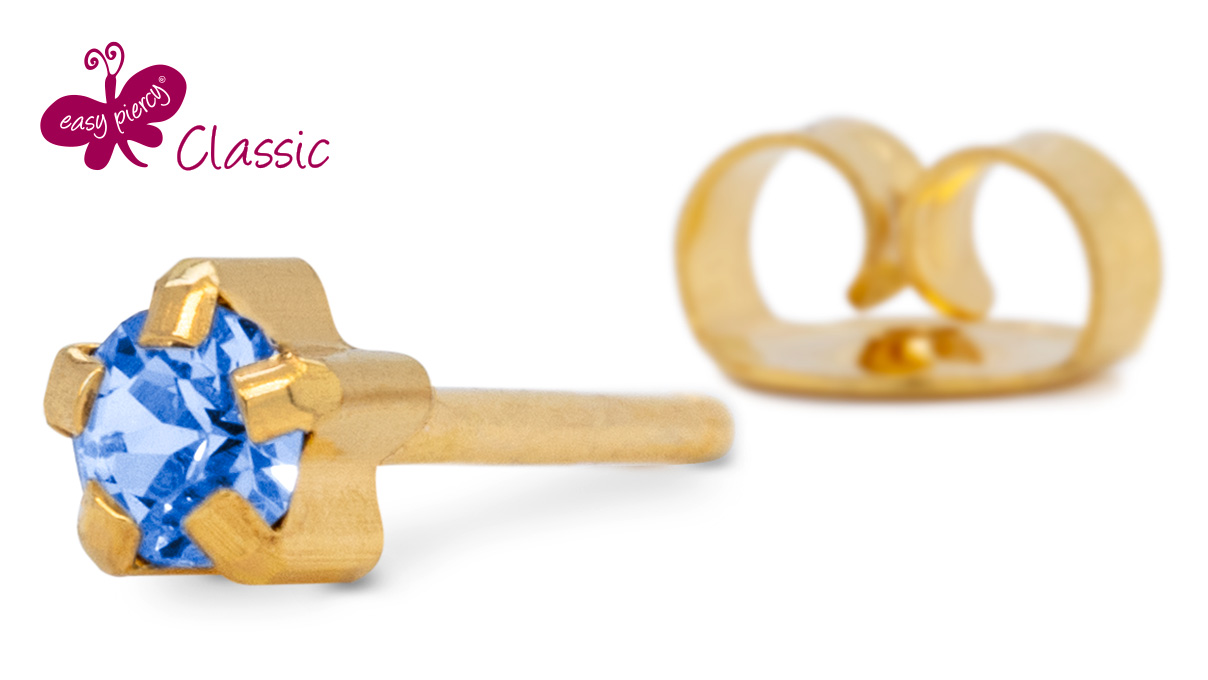 1 pair ear studs Easy Piercy Classic, gold plated, clawset sapphire imitation