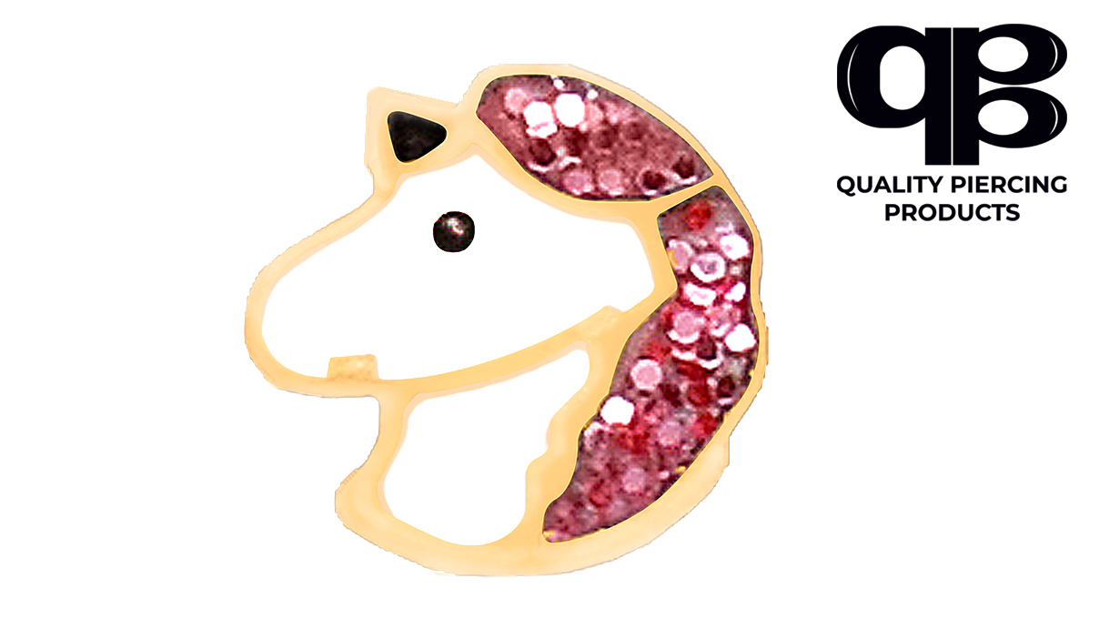 QPP oorstekers A126, Unicorn emaille rose, geelgoudverguld, 1 paar