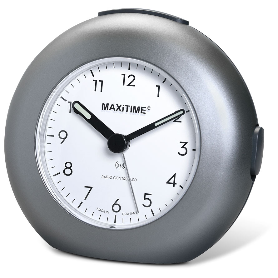 Maxitime radio controlled alarm clock with snooze, crescendo alarm, light, 2 hands, round housing titan