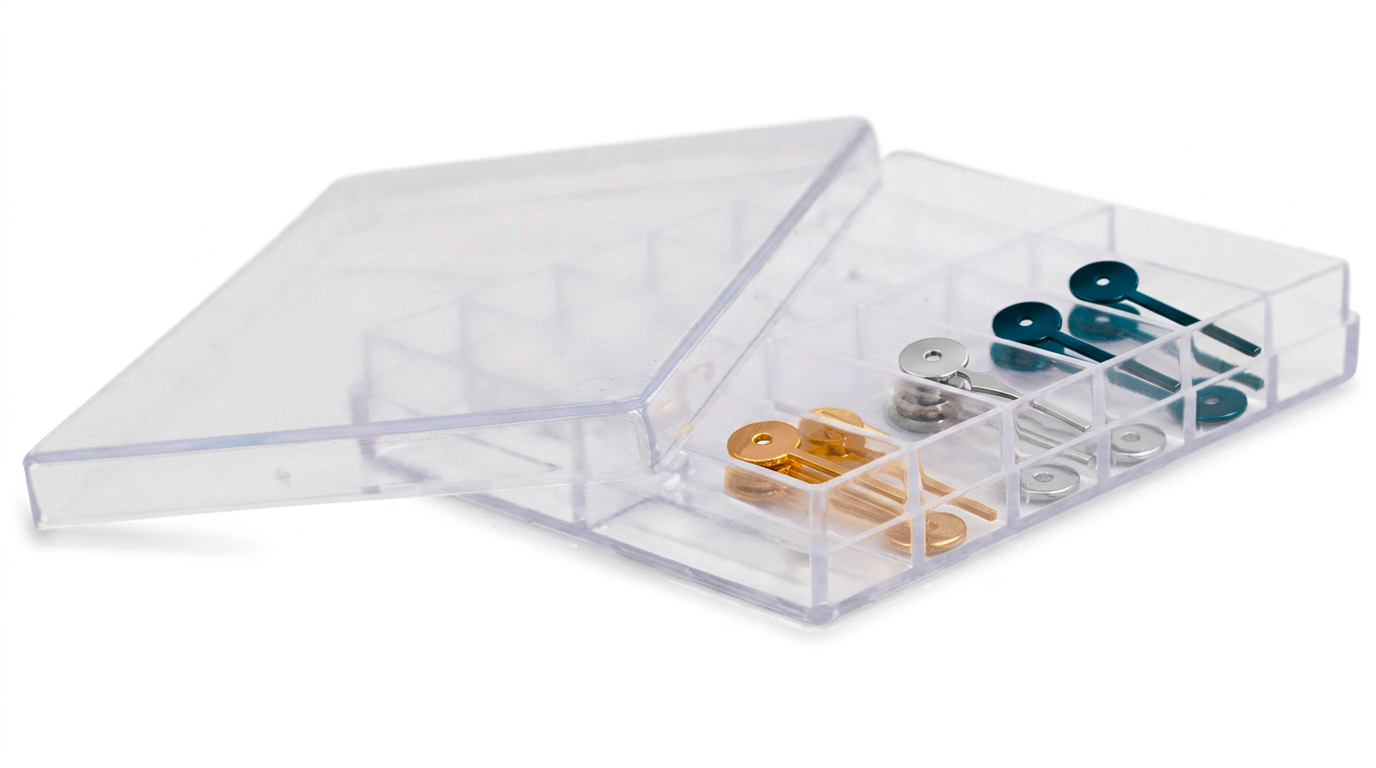 Assortiment 45 kleine secondewijzer (SS) / Chrono tellerwijzer Ø gaten
0,18/0,20/0,22/0,24/0,26/0,28+0,18/0,20/0,28 mm geel verguld, nikkelkleurig, blauwzwart lengte 3 - 5 mm