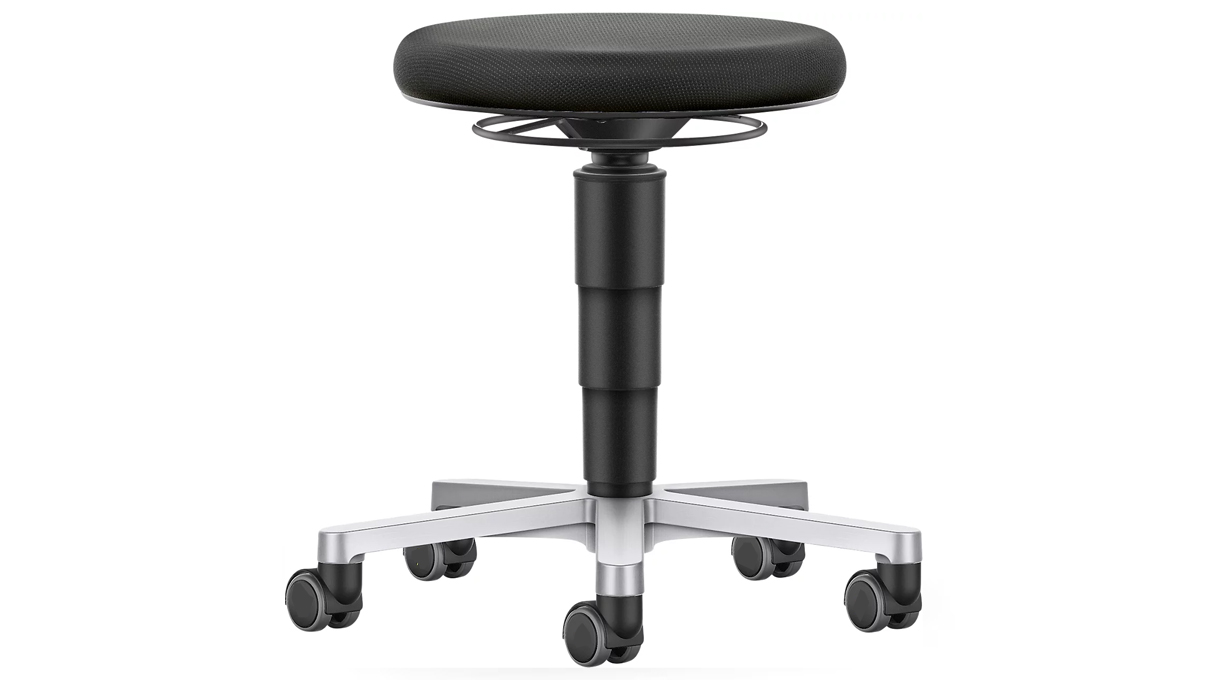 Bimos Stool 9463, seat height 45 - 65 cm, comfort upholstery integral foam black, black frame, aluminum
base, soft castors for hard floors