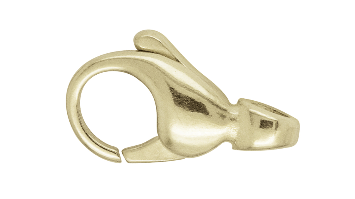 Lobster clasp, cast, domed, eyelet crosswise, 925/- silver gold plated, 13 mm