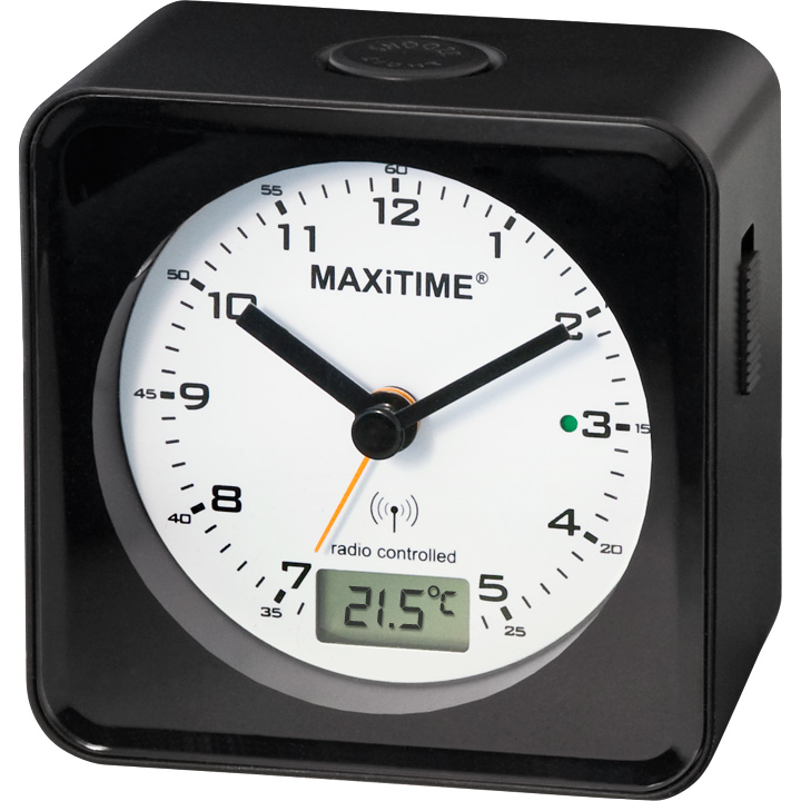 Maxitime radio controlled alarm clock with snooze, light, digital second, date, temperature, black housing