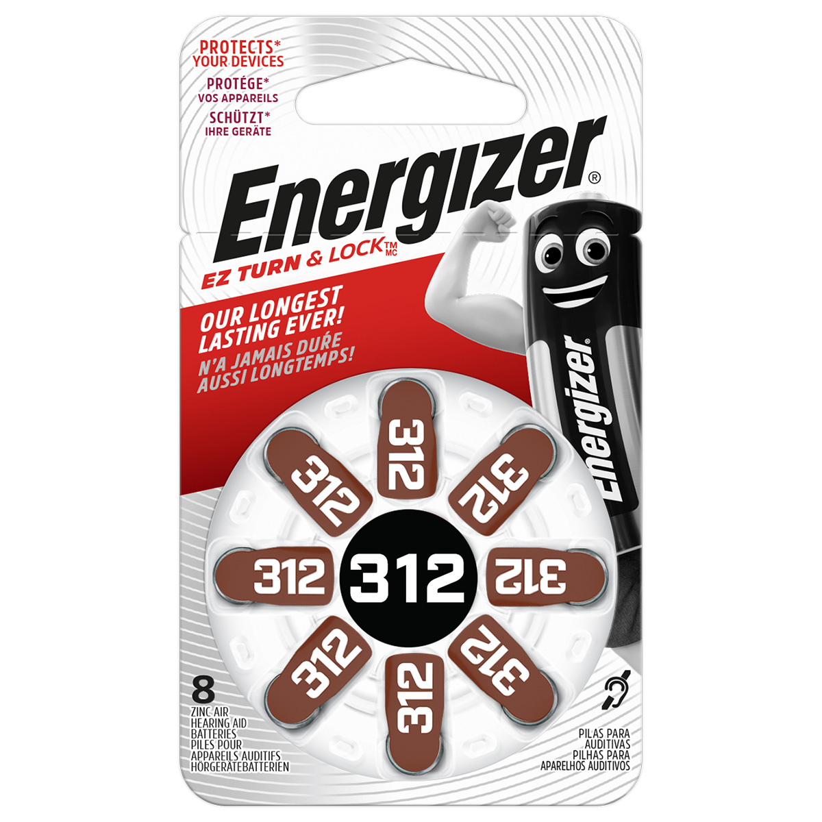 Energizer Zinc Air hearing aid batteries No. 312, Blister  8 pieces 1,4 Volt 130 mAh