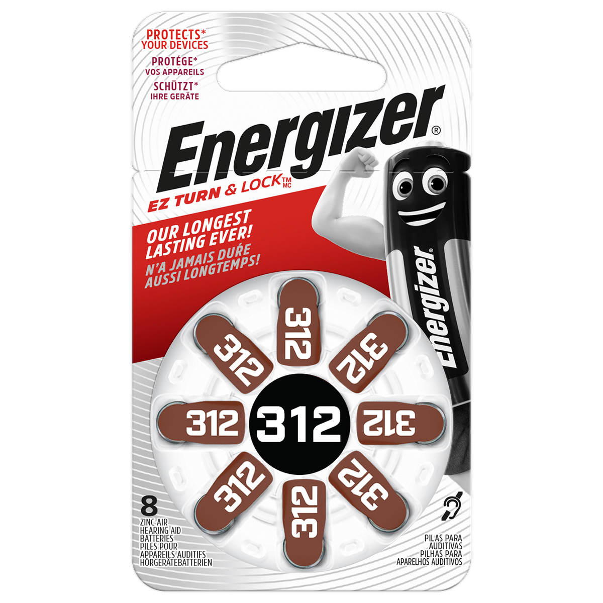 Energizer Zink Air Hörgeräte Batterien Nr. 312, Blister  8 Stk. 1,4 Volt 130 mAh