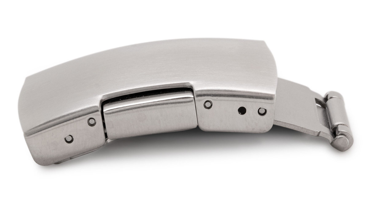 Faltschließe für Metallbänder, Anstoß/Breite: 10 mm, 20 mm, 1 Drücker, Satiniert, Silberfarben, Edelstahl