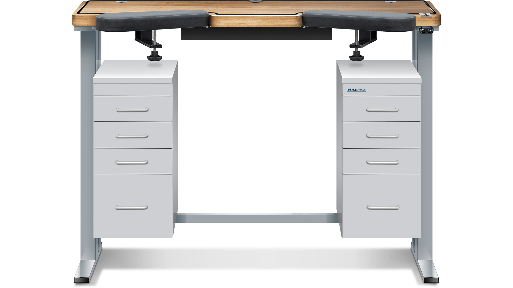 Workbench Ergolift Evolution, bench top oak, 120 x 60 x 4 cm, drawers silk gray