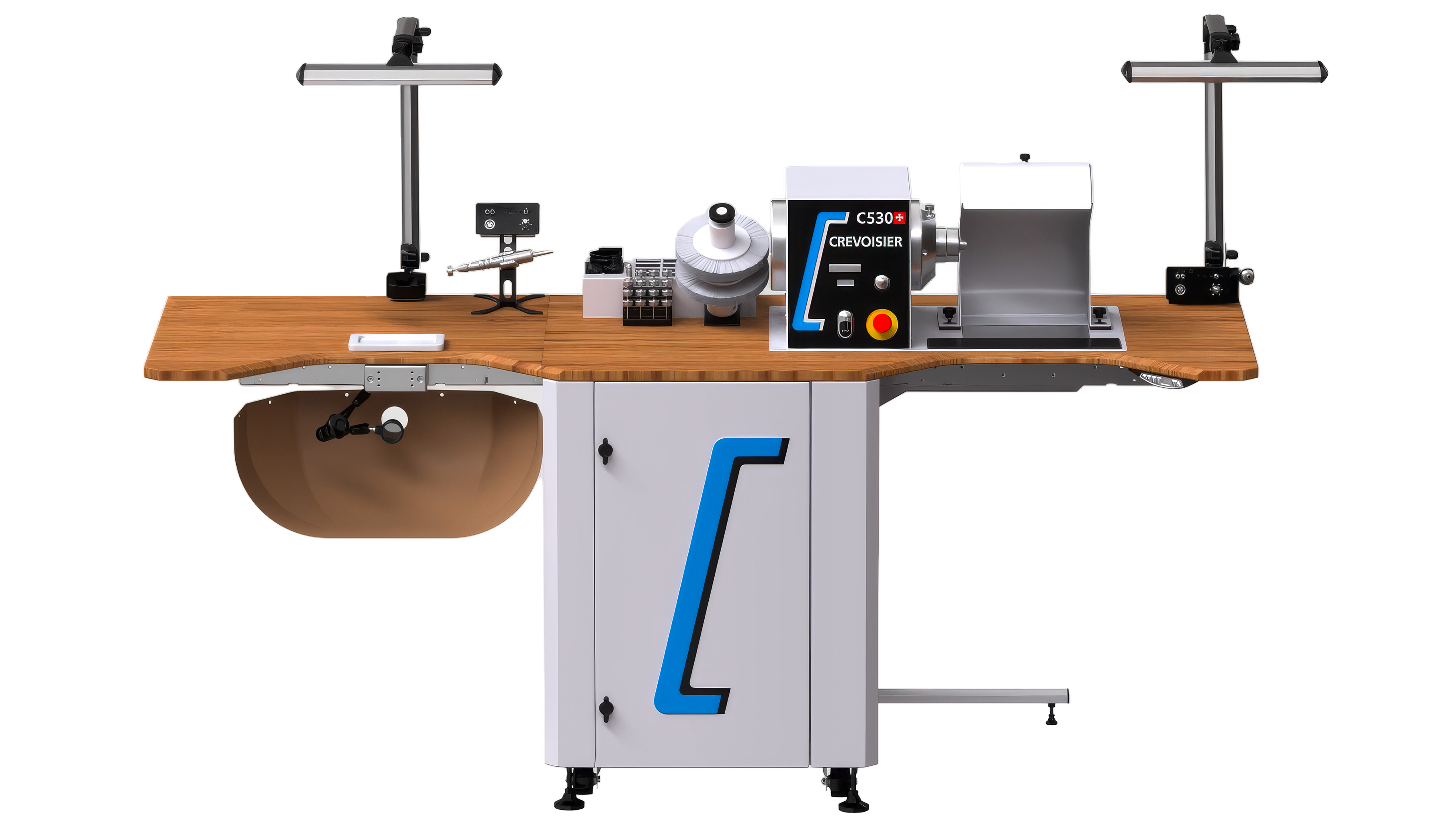 Plateau d’extension pour la Crevoisier C530 Jewellery Making Station SLINE2, avec découpe pour le cuir de
cheville et supports polyvalents pour outils tels que BenchMate ou cheville d'établi