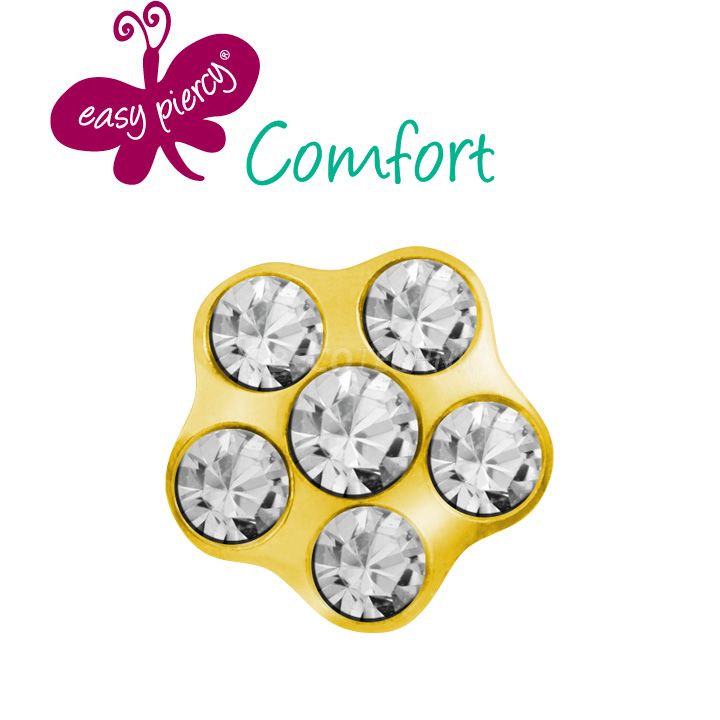 1 Pair Easy Piercy Comfort ear studs Flower Ø 5,0 mm, gold plated, Diamond/Diamond imitation