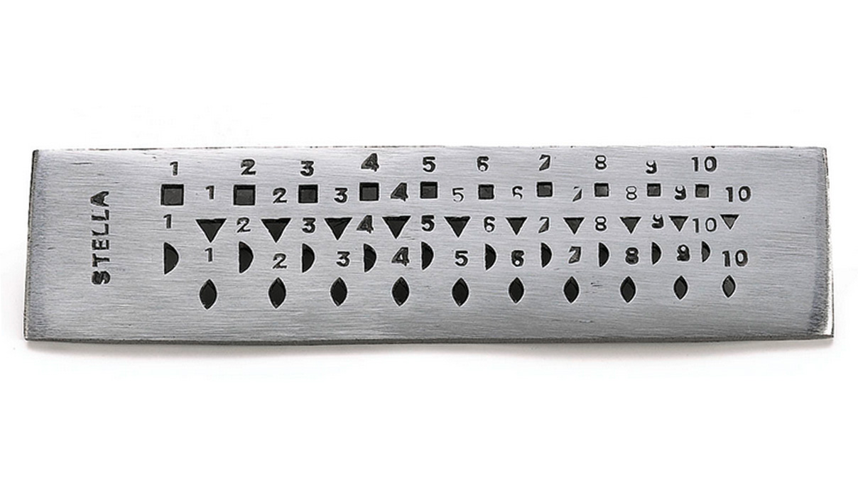 Universal drawplate, steel, 10 holes each, square, triangular, semicircular and oval